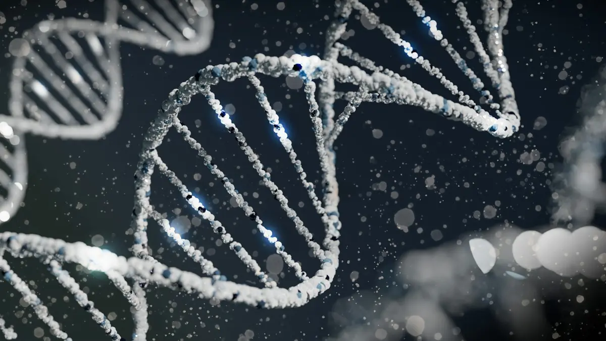 Illustration of a glowing DNA double helix on a dark background